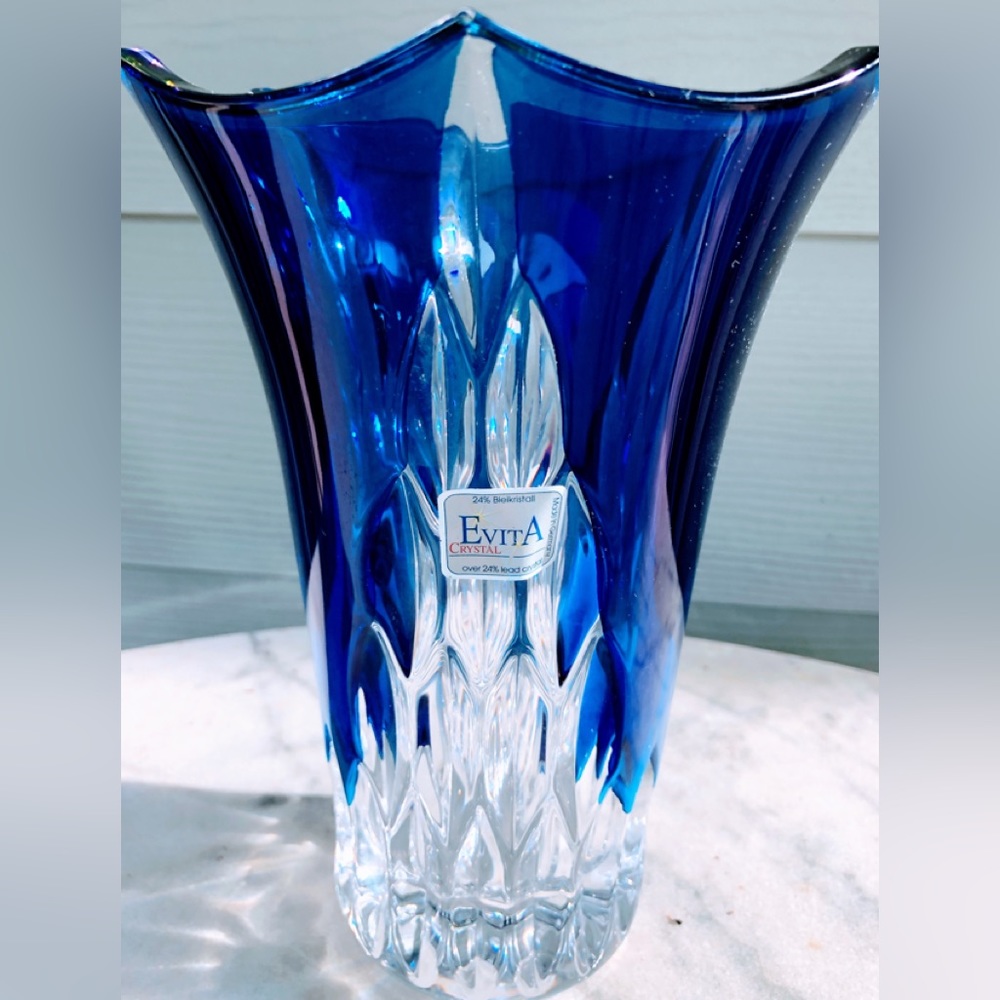Beautiful lead crystal blue and clear vase by EvitA. Made in Germany.